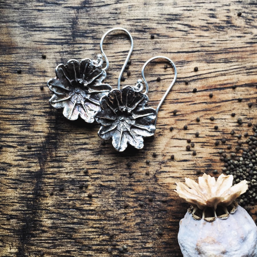 Sterling Silver Poppy Seed Head Earrings, Autumn Flower Earrings 