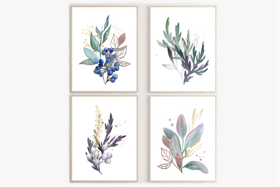 Watercolour leaves wall prints, purple plants wall decor, leaf wall art prints