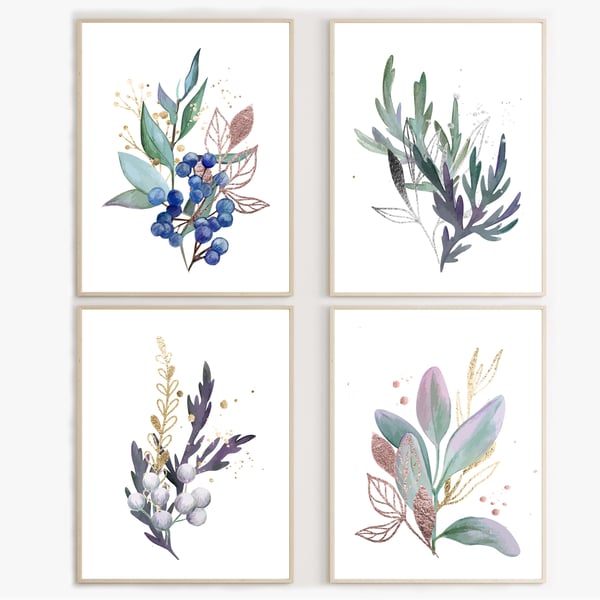 Watercolour leaves wall prints, purple plants wall decor, leaf wall art prints
