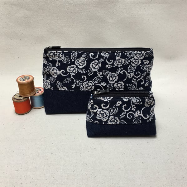 Denim and Indigo Japanese Floral Fabric Make Up Bag, Toiletries Bag, Pencil Case