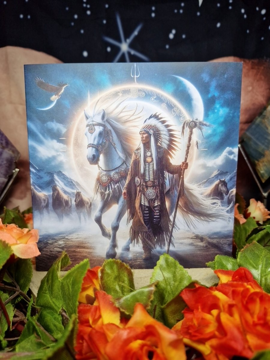 Native Indian Warrior Chief With Spirit Animal Horse Greetings Card 