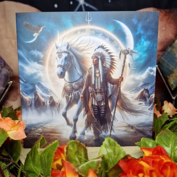 Native Indian Warrior Chief With Spirit Animal Horse Greetings Card 