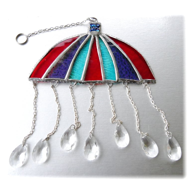 Umbrella Suncatcher Stained Glass Handmade Crystal Raindrops