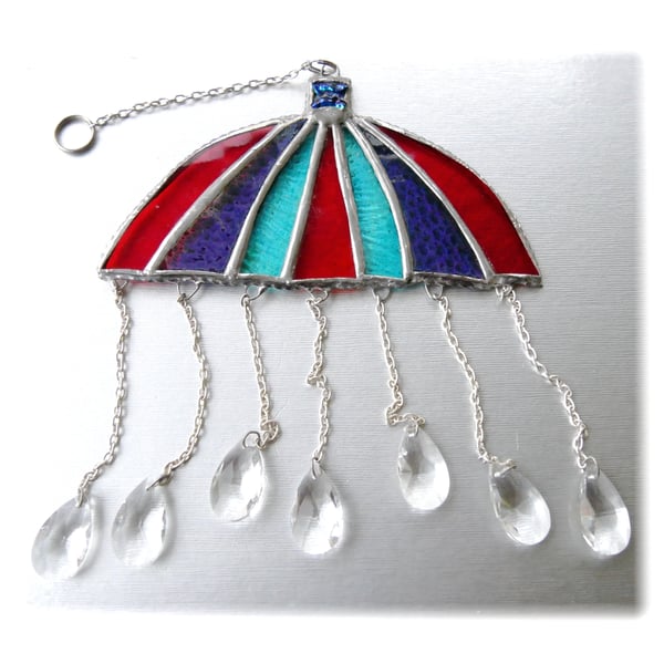 Umbrella Suncatcher Stained Glass Handmade Crystal Raindrops