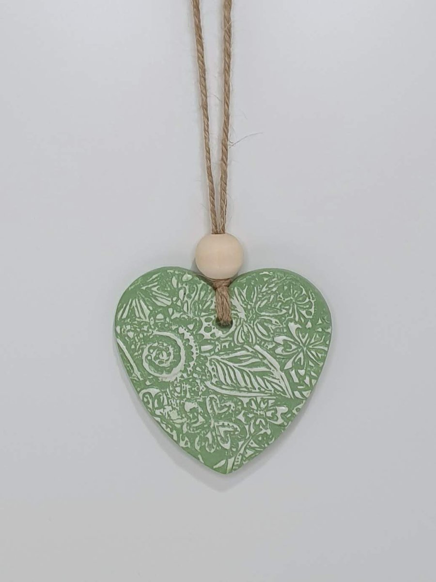 Pretty clay Heart decoration,  hanging ornament, green and white