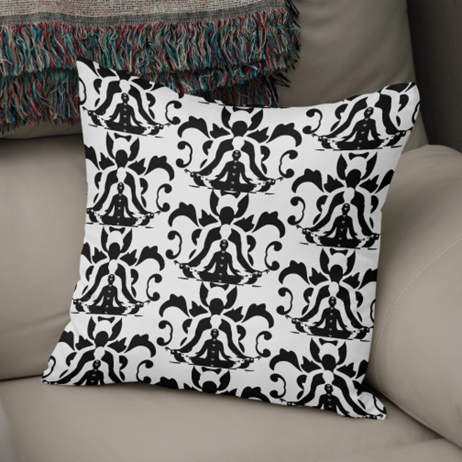 Faux SUEDE Cushion with Insert - PSYCHEDELIC MEDITATION. Boho Black and White