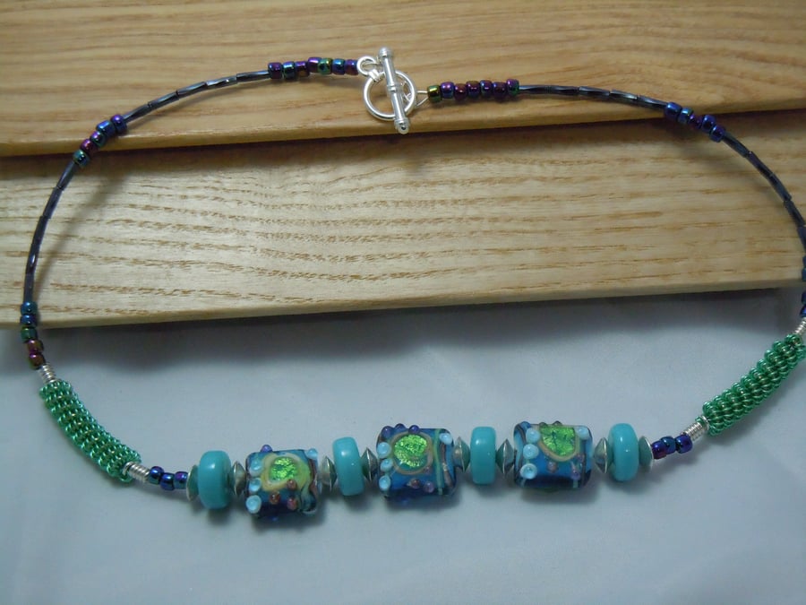 Artisan Lampwork & foil glass bead necklace