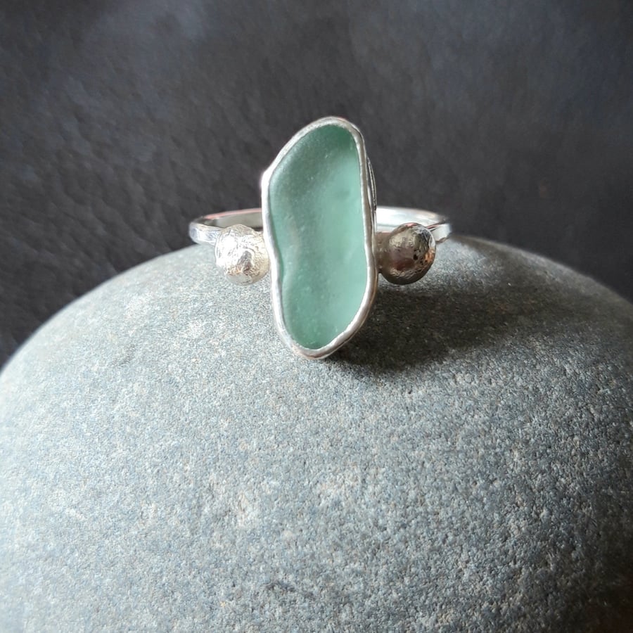Pale Blue and Silver Seaglass Ring