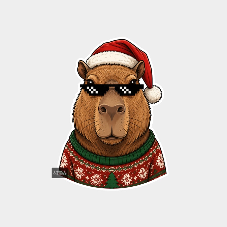 Funny Christmas Sticker Vinyl Xmas Decal For Adults - Capybara In Festive Jumper
