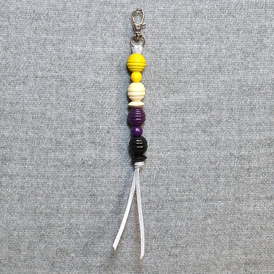Bag Charm – Nonbinary Pride Flag Wood Beads on Suede Cord