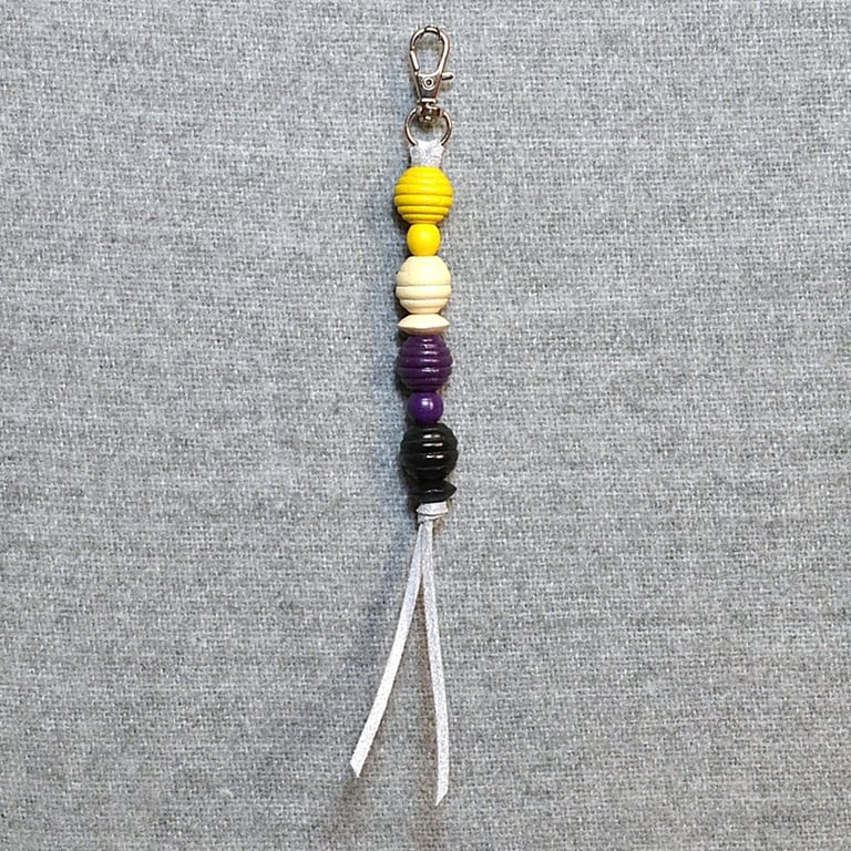 Bag Charm – Nonbinary Pride Flag Wood Beads on Suede Cord