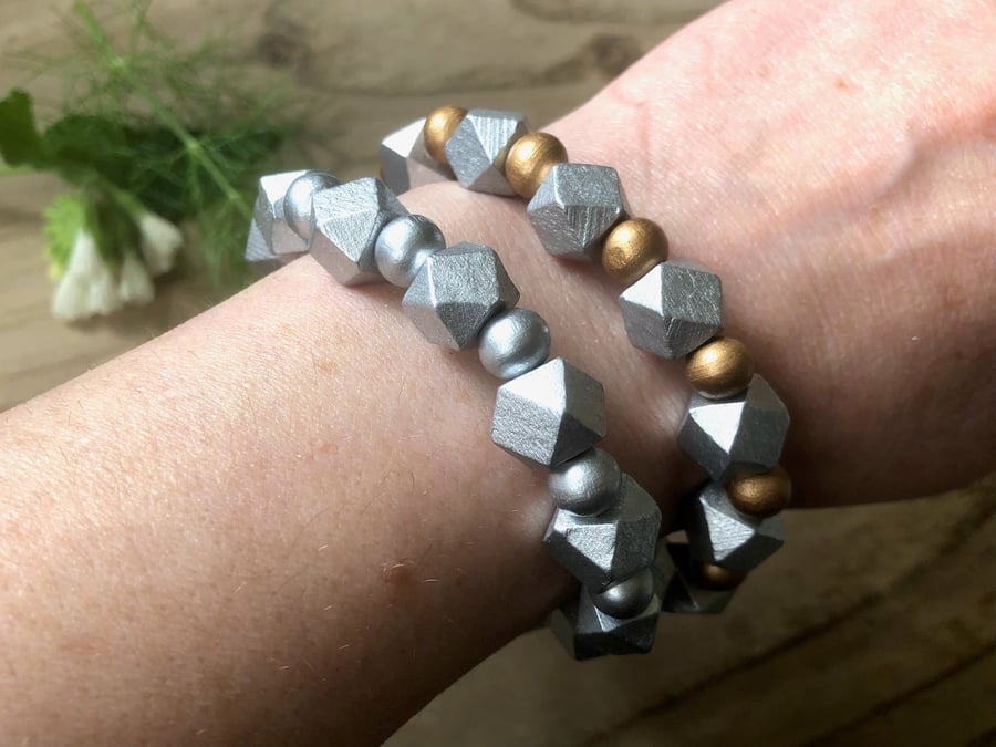 Gold & Silver Wooden Beaded Bracelet. Hexagon Bead Stretch Bracelet