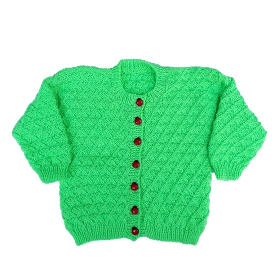 Hand knitted baby cardigan 22 inch chest - bright green with ladybird buttons 