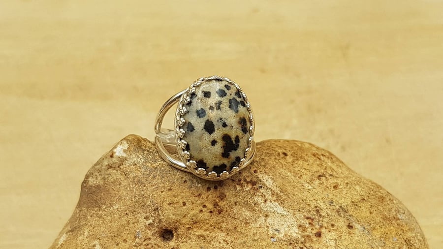 Dalmatian jasper ring. 925 sterling silver rings for women