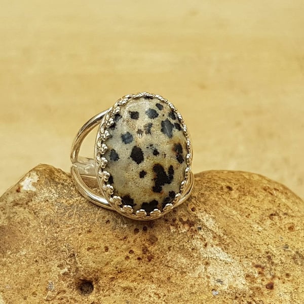 Dalmatian jasper ring. 925 sterling silver rings for women