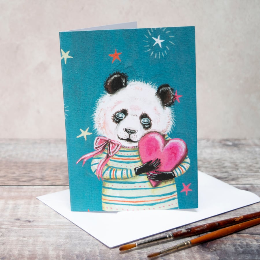 A6 greeting card of a giant panda called Kevin. Blank inside