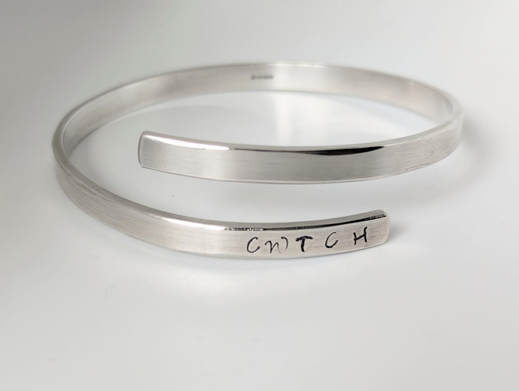 Cwtch and Hearts Bangle, Secret Hearts Inside, Recycled Sterling Silver