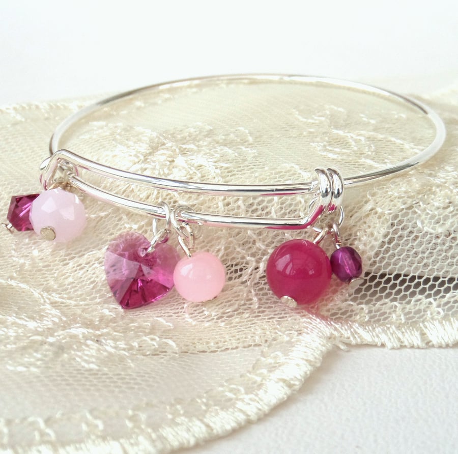 Pink gemstone and crystal bangle bracelet