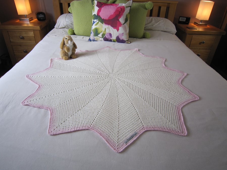 White Crochet Baby Blanket with Pink Edging, Baby Girl, Baby Shower Gift Idea
