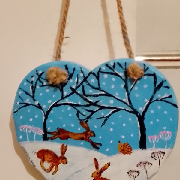 Large Heart Hanging Decoration. Hand painted acrylic Hares in the Snow 