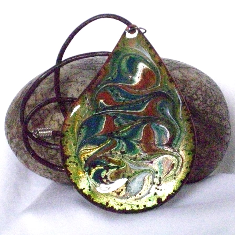 large teardrop pendant - scrolled blue-green, red-brown and white on lime green