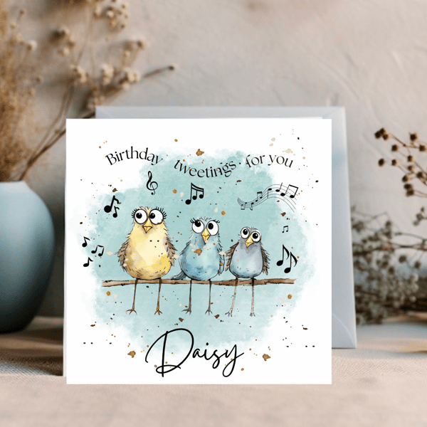 Birthday Tweetings, personalised bird birthday card