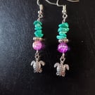 Silver turtle charm beaded dangle earrings 
