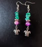 Silver turtle charm beaded dangle earrings 