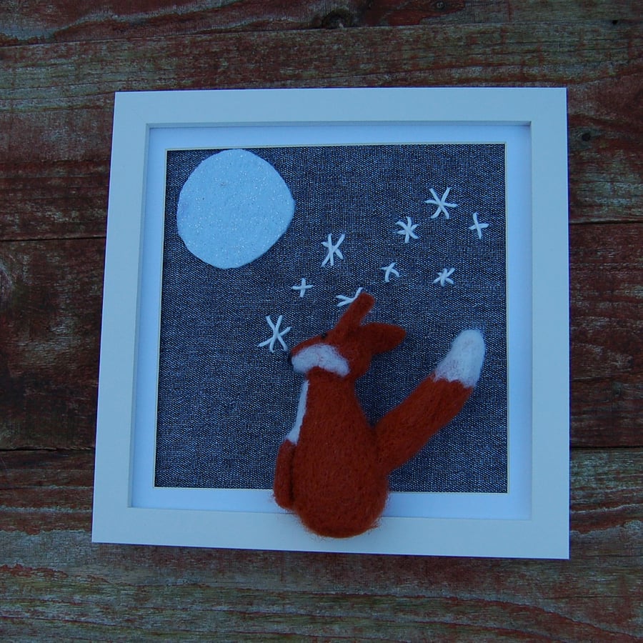  Moon gazing fox - nursery picture - needle felt, wool decoration - 
