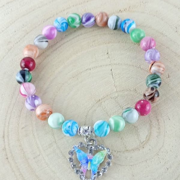 Rhinestones Heart Flower Butterfly Charm Bracelet with colourful beads