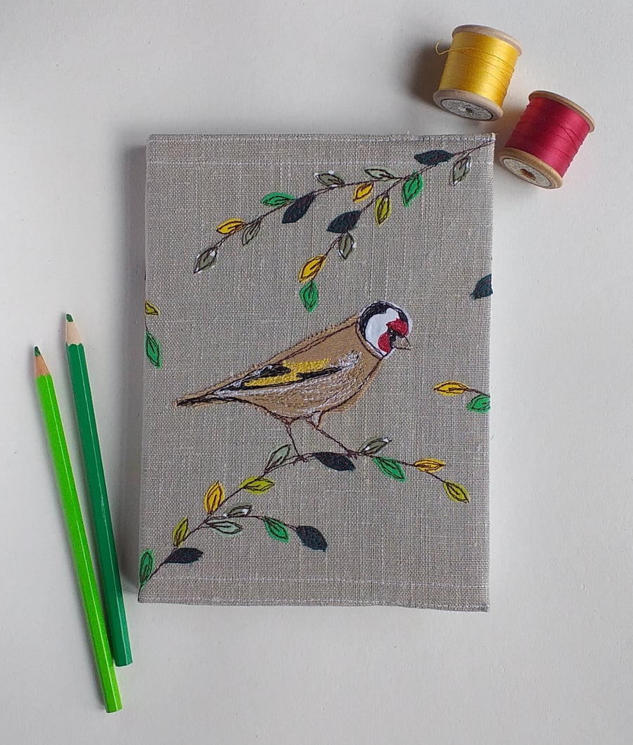 A5 Hardback Notebook with Embroidered Goldfinch on a Removable Cover
