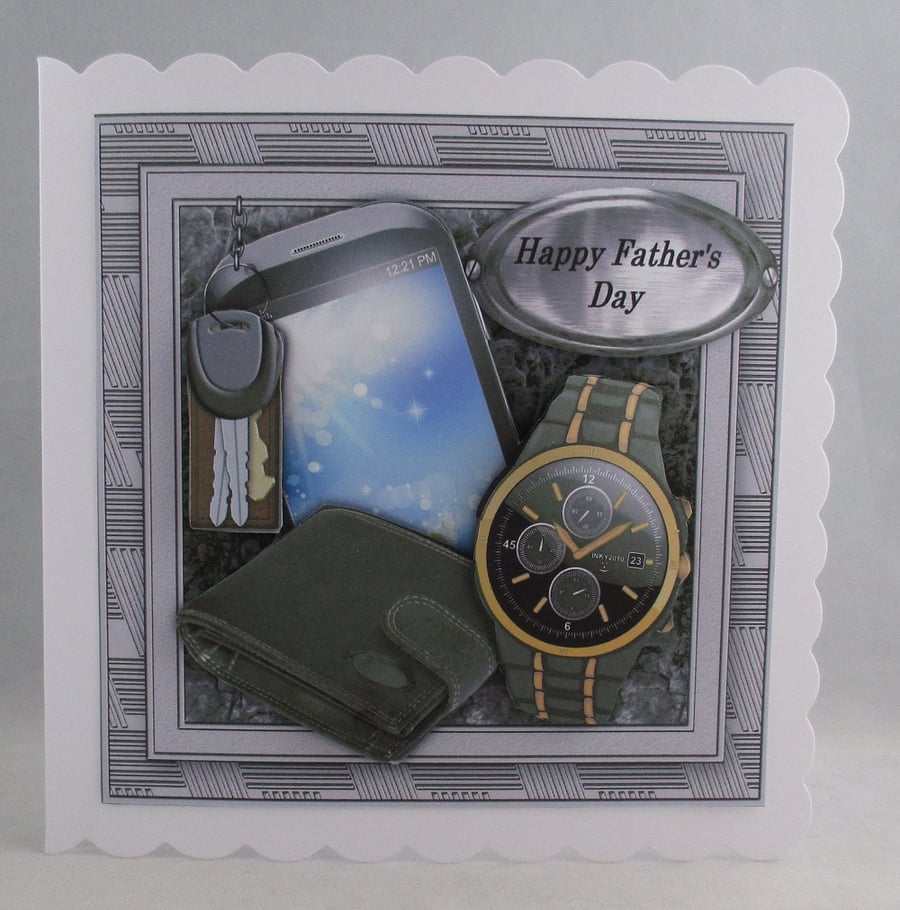 Handmade 3D, Decoupage  Male Gadgets Father's Day Card, watch,wallet,phone,keys