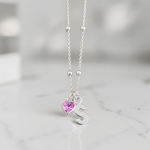 Sterling Silver Personalised Initial and Heart Birthstone Charm Necklace 925
