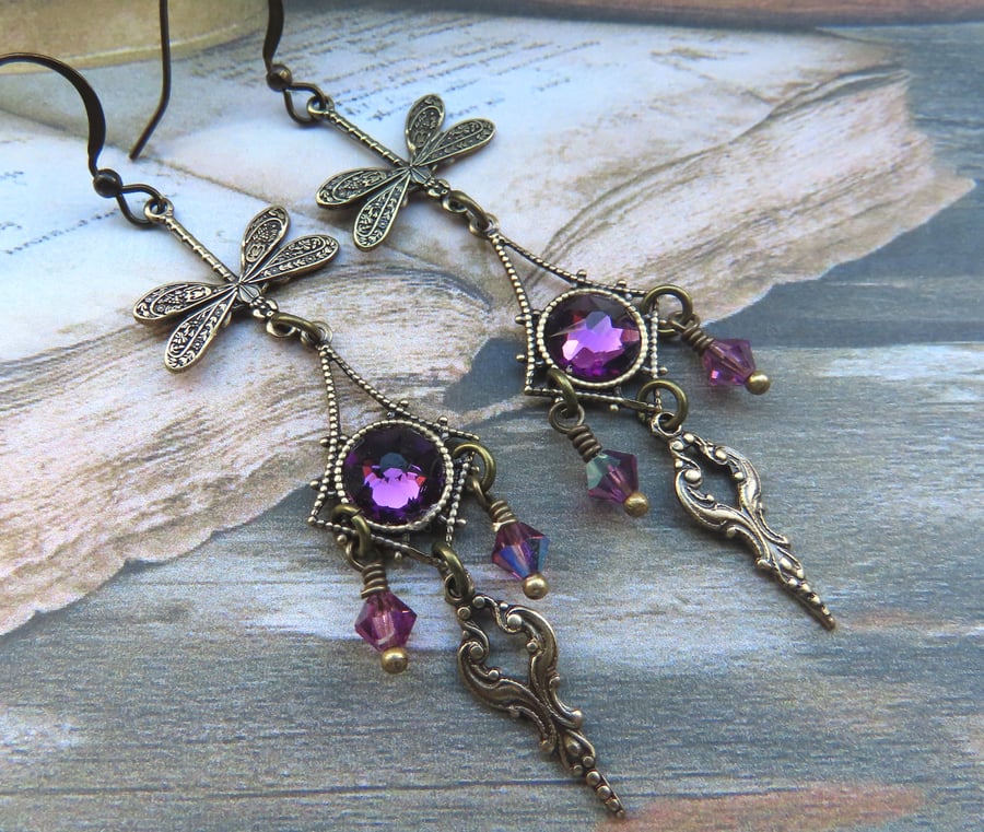 Amethyst Crystal & Dragonfly Antique Style Dangle Earrings