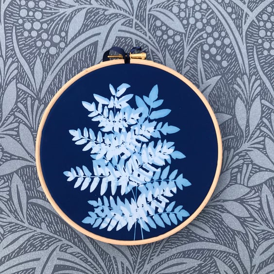 Pretty Fern Cyanotype Art- In an Embroidery Hoop