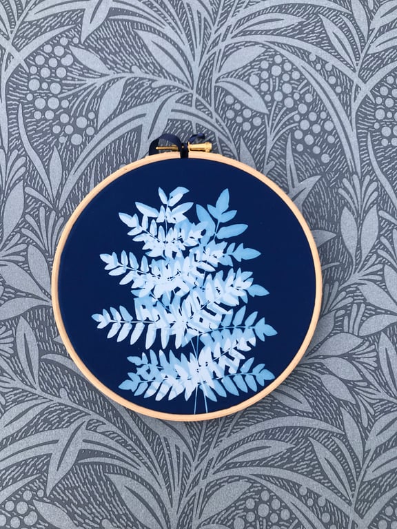 Pretty Fern Cyanotype Art- In an Embroidery Hoop