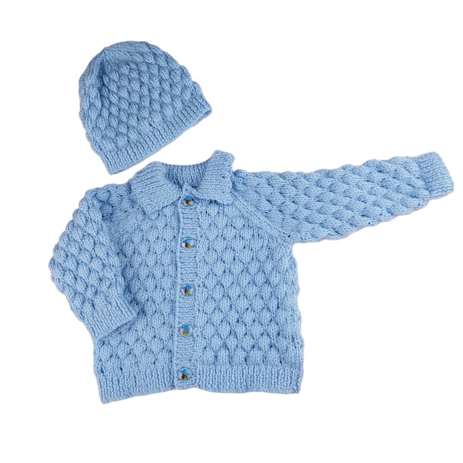 Baby Boy Hand Knitted Cardigan and Hat Set, Light Blue, Bubble Stitch, 0-9 Month