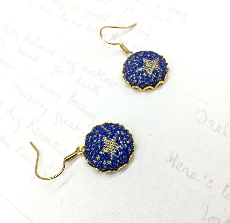 Gold stars in night sky glitter fabric button dangle earrings