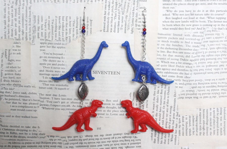 Blue and Red Toy Dinosaur Statement Earrings