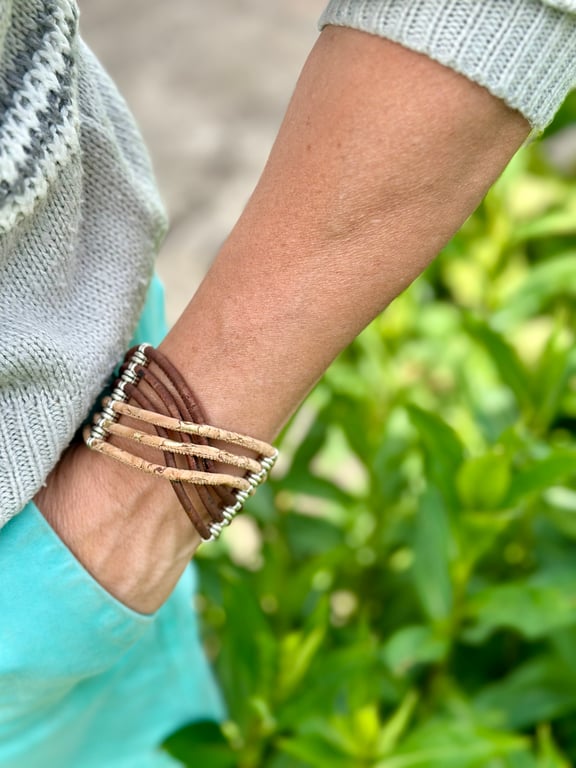 Natural Cork 'Leather' 6-Strand Crossover Bracelet - Natural Brown