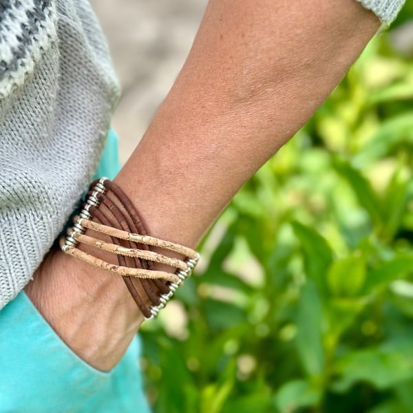 Natural Cork 'Leather' 6-Strand Crossover Bracelet - Natural Brown