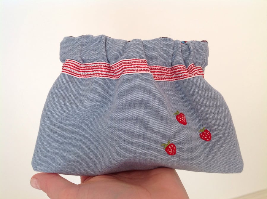 SALE Purse, Flex Frame Handmade And Hand Embroidered Strawberrys