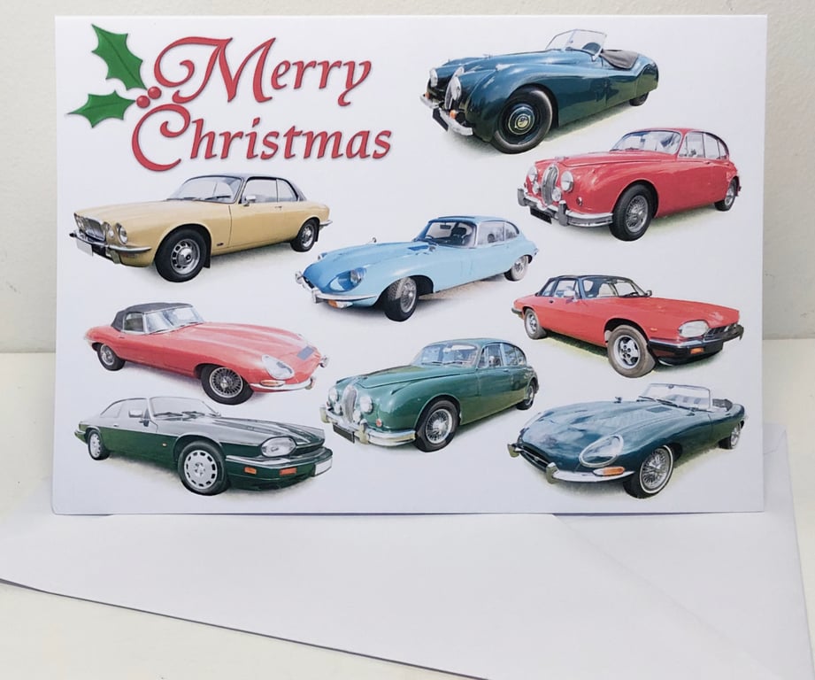 Jaguar Classic Cars Xmas Cards 5x7in - Seasons Greetings or Merry Christmas