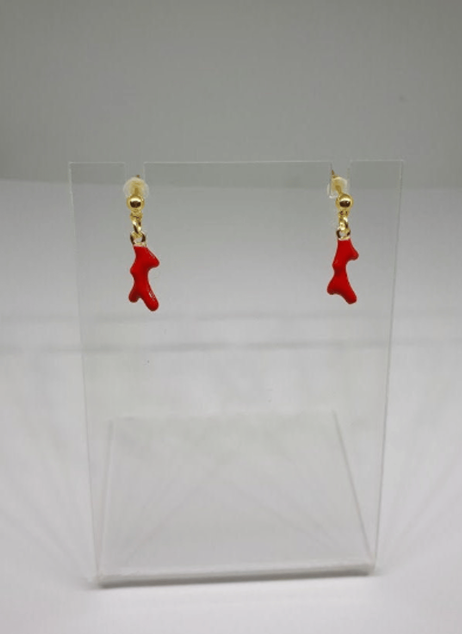 Enamel coral gold steel stud earrings