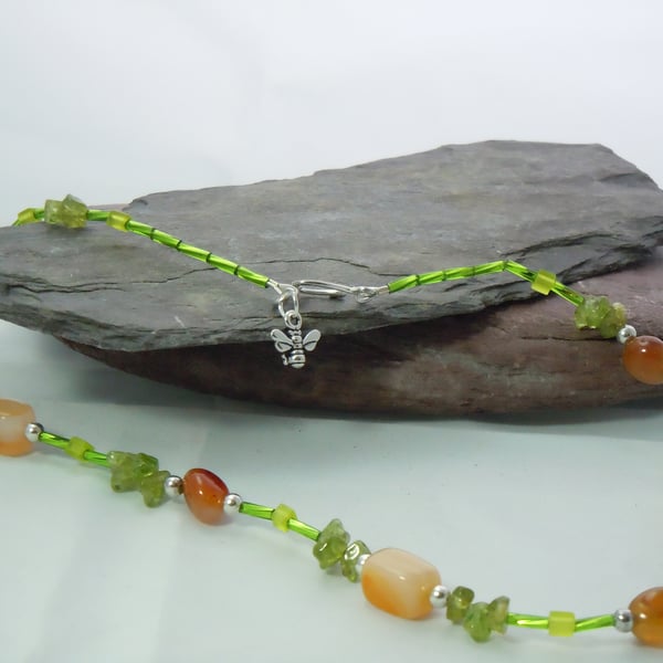 Vibrant Peridot & red Agate necklace with glass & silver plate beads & bee charm