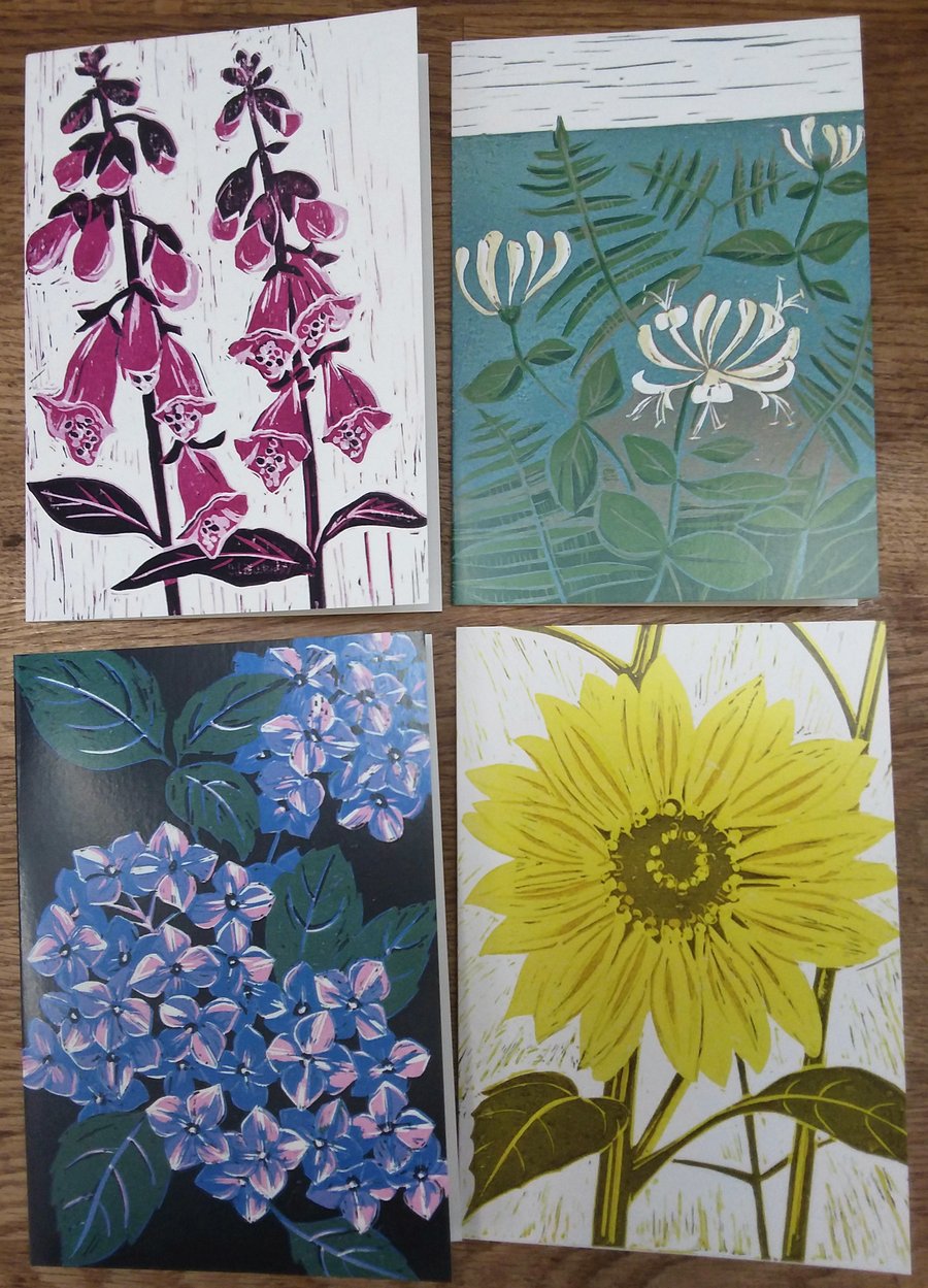 Four artist cards - foxglove, honeysuckle, hydrangea, sunflower