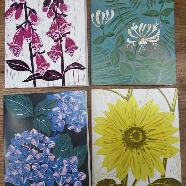 Four artist cards - foxglove, honeysuckle, hydrangea, sunflower