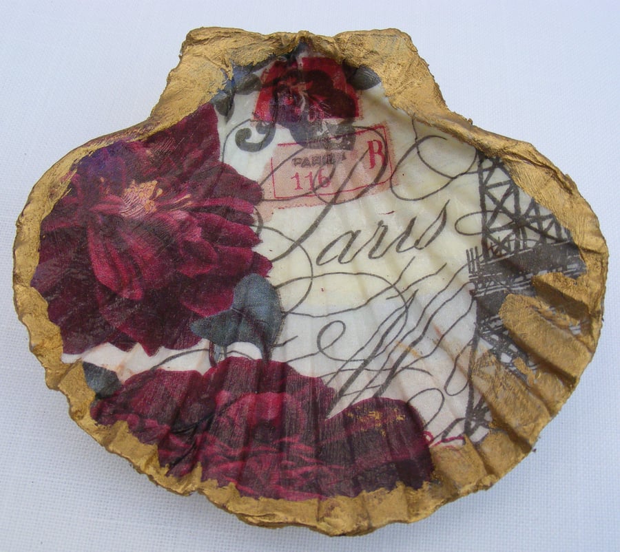 Eiffel tower and floral decoupaged shell trinket dish.