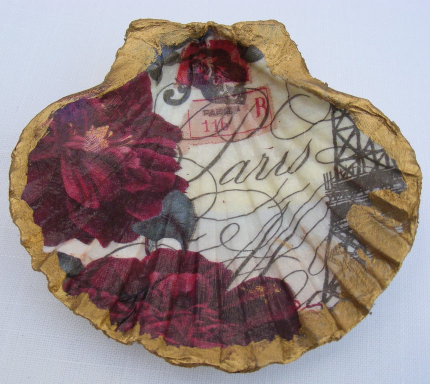 Eiffel tower and floral decoupaged shell trinket dish.
