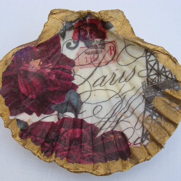 Eiffel tower and floral decoupaged shell trinket dish.